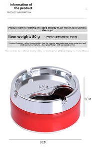 Detailed specs of 80g windproof rotating stainless steel ashtray with red PP base