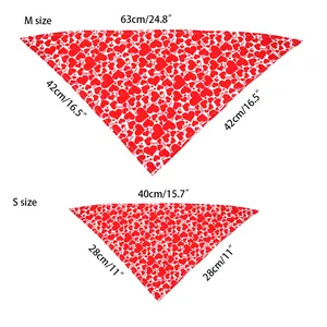 Size chart for Valentine's pet bandana with heart print and love pattern on white background