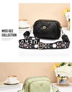 Close-up of quilted leather crossbody bags with multi-layer zippers and floral jacquard straps