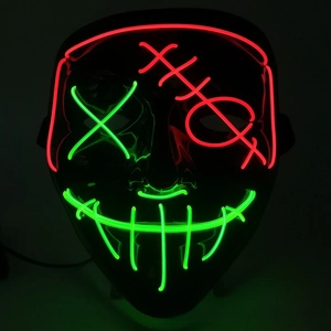 Detail of scary LED Halloween mask with glowing red and green EL wire on black face mask