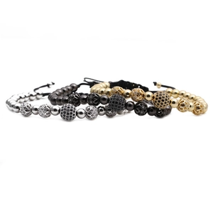 Three-piece set of woven adjustable bracelets featuring micro-pave zircon and carved beads