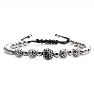Adjustable woven bracelet with zircon-encrusted crown ball and polished silver beads