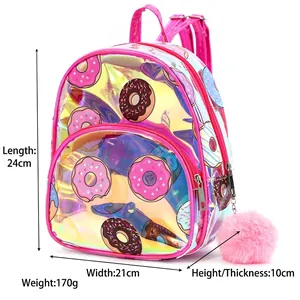 Holographic donut backpack for girls in laser TPU with pink pompom charm, 24x21x10cm