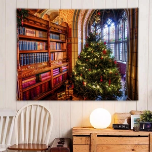 Detailed close-up of a Christmas tapestry showing a vintage library and festive tree