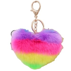Rainbow plush heart keychain with gold metal lobster clasp on a clean white background