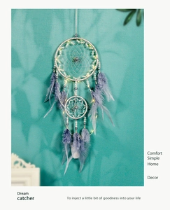 Detail of dream catcher with blue-purple feathers, warm LED lights, and woven mesh