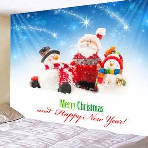 Close-up of a Christmas tapestry with Santa and snowmen on a cozy bedroom wall