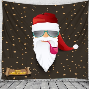 Detailed view of Christmas tapestry with cool Santa illustration on white brick wall