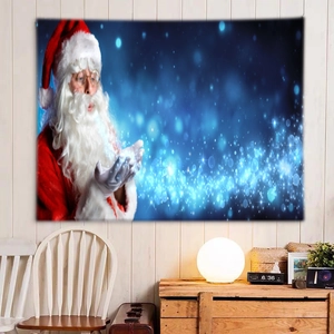 Christmas tapestry featuring Santa Claus with glowing snow and blue bokeh star background