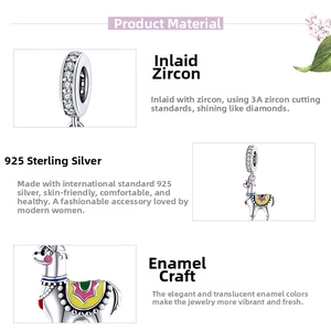Detail view of S925 silver alpaca charm featuring colorful enamel and inlaid zircon stones
