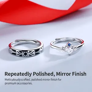 Adjustable 925 silver couple rings with crown crown design and heart-shaped stone