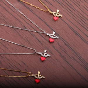 Cupid Arrow Through Red Heart Pendant Necklace Copper Micro Inlaid Zircon Romantic Trendy Jewelry For Women Sweater Chain
