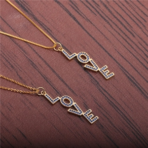 Vertical LOVE Pendant Necklace Gold Plated Copper With Micro Inlaid Blue Zircon Minimalist Elegant Fashion Jewelry For Women