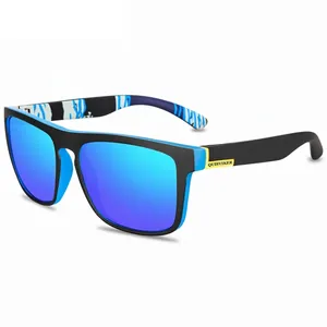Polarized sports sunglasses with matte black square frames and blue mirrored lenses