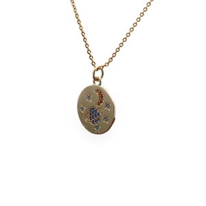 Gold pendant necklace featuring colorful zircon stars and moon on a circular plate