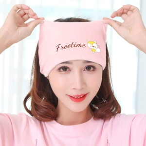 Close-up of pink knit maternity hat with Freetime text and squirrel print details