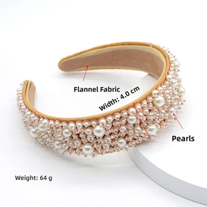 Detailed view of baroque headband with pearls, featuring 4.0cm width and velvet lining