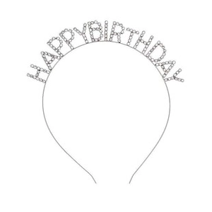 Macro view of silver birthday headband featuring sparkling rhinestones on metal frame