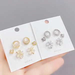 S925 Sterling Silver Post Copper Earrings Set 3 Pairs Clover Heart Geometric Zirconia Korean Fashion Women Jewelry Gift