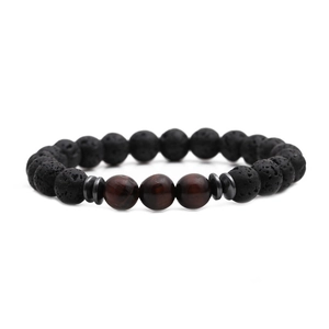 Bracciale da uomo in pietra lavica nera e occhio di tigre rosso da 8mm con inserti in metallo
