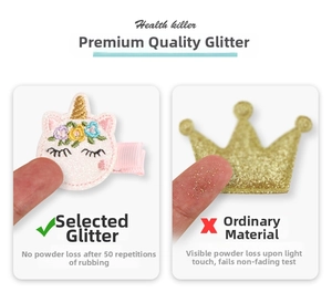 Detail showing non-shedding glitter crown and embroidered unicorn hair clips for girls