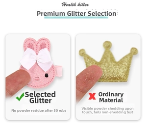 Detail showing glitter hair clips with high-quality non-shedding texture comparison