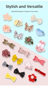 Close-up of girls' hair clips set featuring bows, flowers, and glitter stars in bright colors