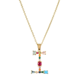 Detail of letter I pendant with multi-color gemstones on a gold stainless steel chain