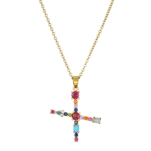 Macro detail of gold cross necklace with vibrant colorful gemstones and fine claw setting