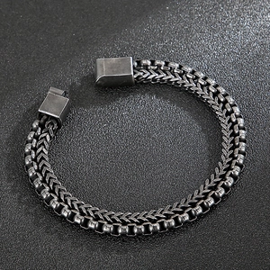 Double-layer stainless steel cuban and wheat chain bracelet for men in retro silver finish