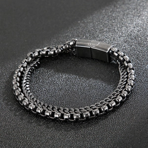 Detailed macro of double-layer box chain bracelet with rectangular magnetic clasp