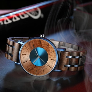 Men's retro quartz watch with walnut wood bezel, blue brushed dial and wooden strap