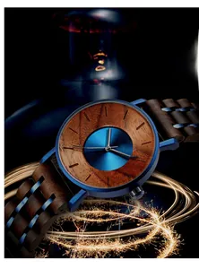 Detail of blue metal and dark wood watch band showing textured grain and finish