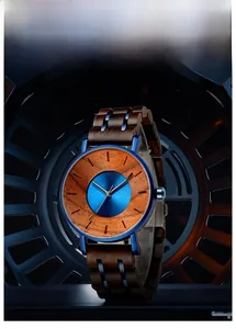 Detail of men's wood and blue alloy watch with brushed texture dial and hybrid band