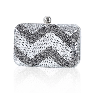 Chic silver sequin clutch bag with wavy patterns and metal ball clasp on white background