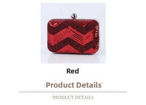 Detail view of red sequin evening bag featuring V-shaped wave pattern and silver clasp
