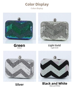 Four-color grid view of sequin evening clutch bags in green, gold, silver, and black