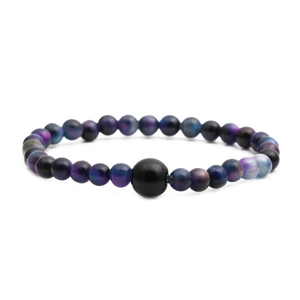 Men's galaxy tiger eye beaded bracelet with purple blue stones and black center bead