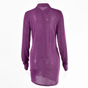 Back view of a purple long-sleeved mini dress with turn-down collar on a model