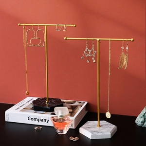 Jewelry Display Stand Metal T-Shape Branch Earring Necklace Organizer Marble Crystal Base Tabletop Storage Decor Rack