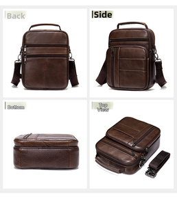 Vertical leather shoulder bag details showing back side bottom and 45 degree views