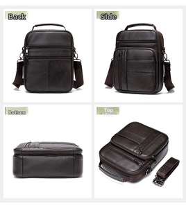 Detail view of dark brown pebbled leather crossbody bag with multiple zipper pockets