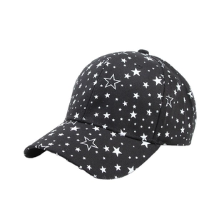 Black baseball cap with white star pattern and classic curved brim for sun protection