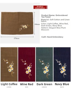 Detail of embroidered linen tea towels featuring elegant winter jasmine flower patterns