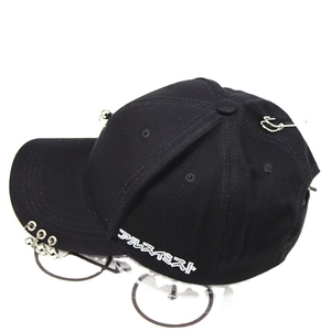 Streetwear baseball cap in black with metal rings, safety pin charms and side embroidery