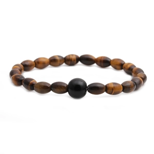 Men's irregular tiger eye stone beaded bracelet featuring a glossy black centerpiece bead
