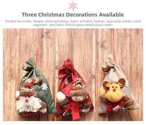 Close-up of burlap Christmas drawstring gift bags featuring Santa, Snowman and Elk designs
