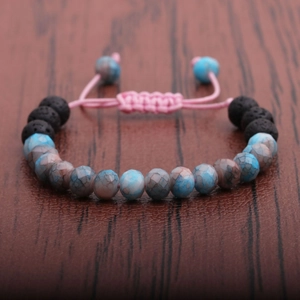 Handmade bohemian volcanic stone beaded bracelet with adjustable colorful woven rope