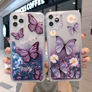 Liquid Quicksand Case Purple Butterfly Daisy Glitter Pattern Transparent TPU PC Cover For iPhone 13 12 11 Pro Max