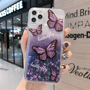 Purple butterfly liquid glitter flowing sand case for iPhone 13 with protective TPU bumper
